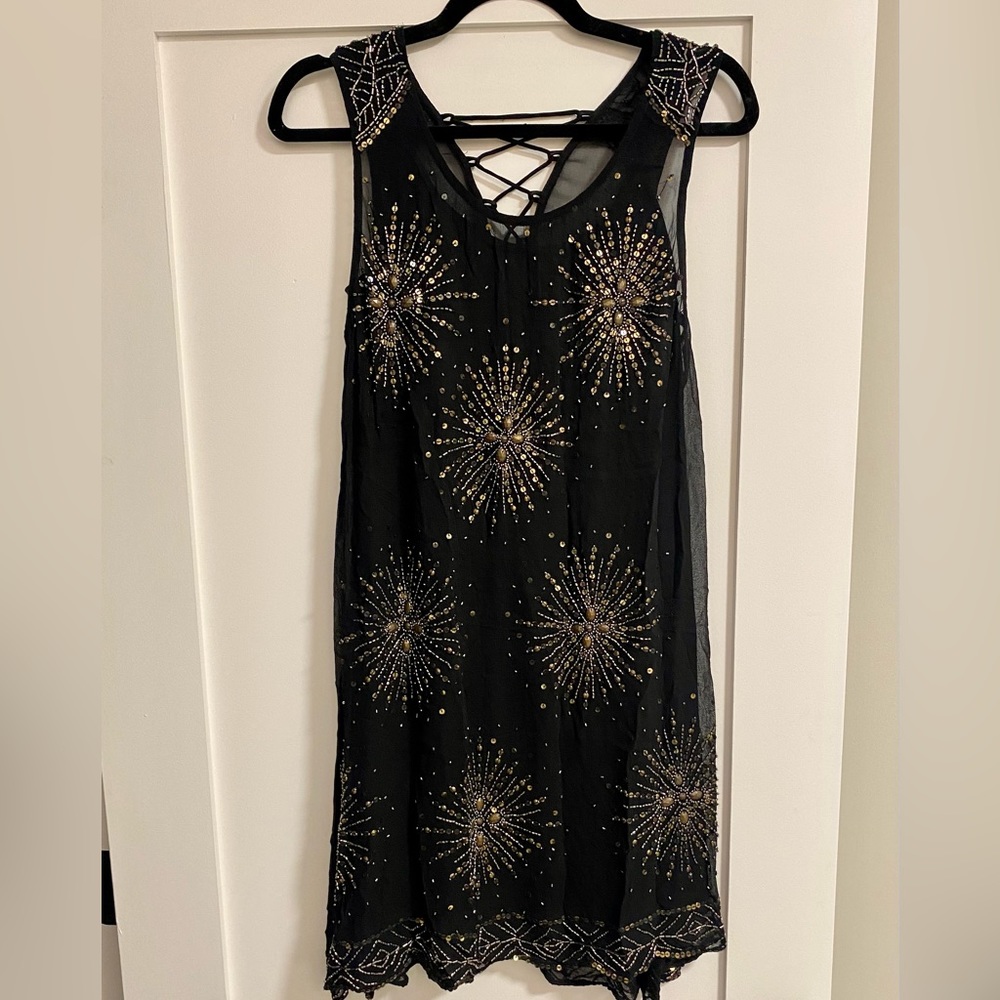 Anthropologie Black Beaded Mini Dress with Slip - Size S